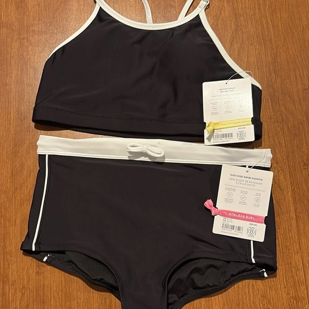 NWT Athleta Girl 2 Piece Adjustable Bikini top & High Rise Swim Shortie Sz M/8
